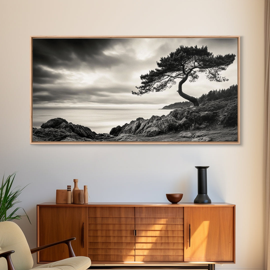 Coastal Tree, Windswept Cliff, Serene Horizon, Nature Escape, Framed Canvas Print, minimalist wall art, bedroom decor, zen nature print