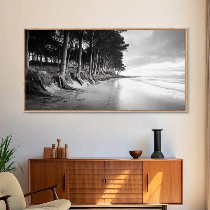 Pine Trees, Sandy Beach, Coastal Serenity, Driftwood Shore, Framed Canvas Print, neutral wall art, coastal rustic style, entryway landscape