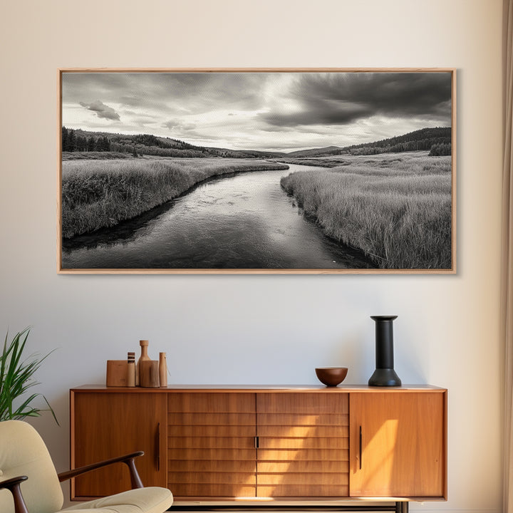 River Valley, Flowing Stream, Grassy Hills, Wilderness Calm, Framed Canvas Print, rustic home decor, Fall art, cabin wall landscape print