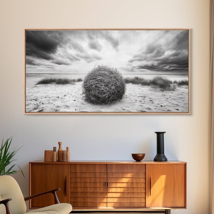 Desert Tumbleweed, Western Landscape, Stormy Sky, Framed Canvas Print, Rustic Farmhouse Wall Art, Fall Decor, Minimalist Western Art