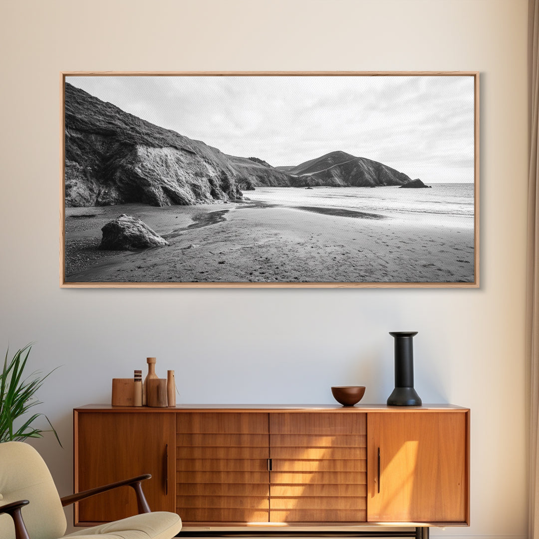 Coastal Cliffs, Ocean Shore, Scenic Beach, Framed Canvas Print, Nature Photography, Bathroom Wall Art, Neutral Tones, Coastal Home Decor