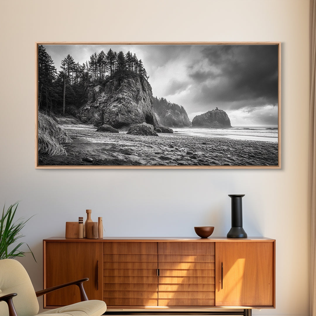 Coastal Rocks, Forest Cliffs, Moody Ocean, Framed Canvas Print, Pacific Northwest Wall Art, Dramatic Seascape, Autumn Nature Photography