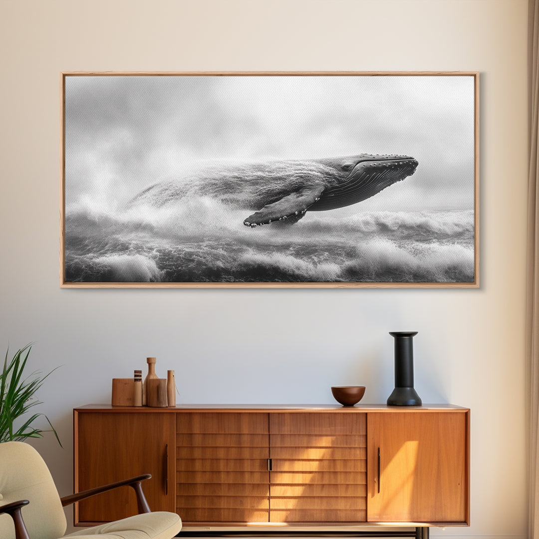 Breaching Whale, Ocean Waves, Marine Power, Framed Canvas Print, Nautical Bathroom Wall Art, Whale Watching Theme, Coastal Photography Art