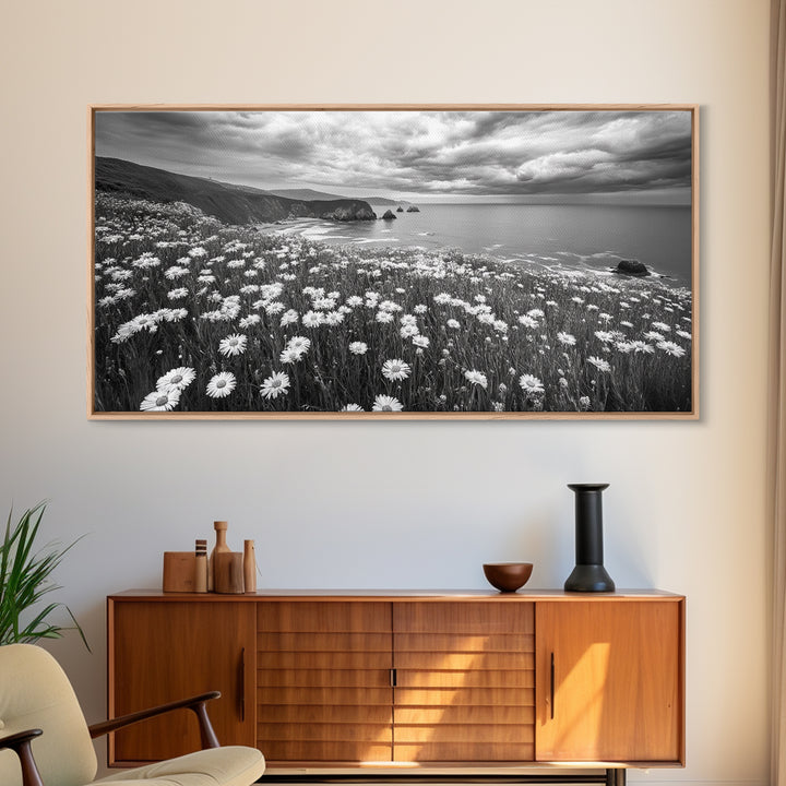 Coastal Flower Field, Ocean Meadow Scene, Seaside Wildflower Landscape, Serene Botanical Print, Living Room Art, Canvas Print