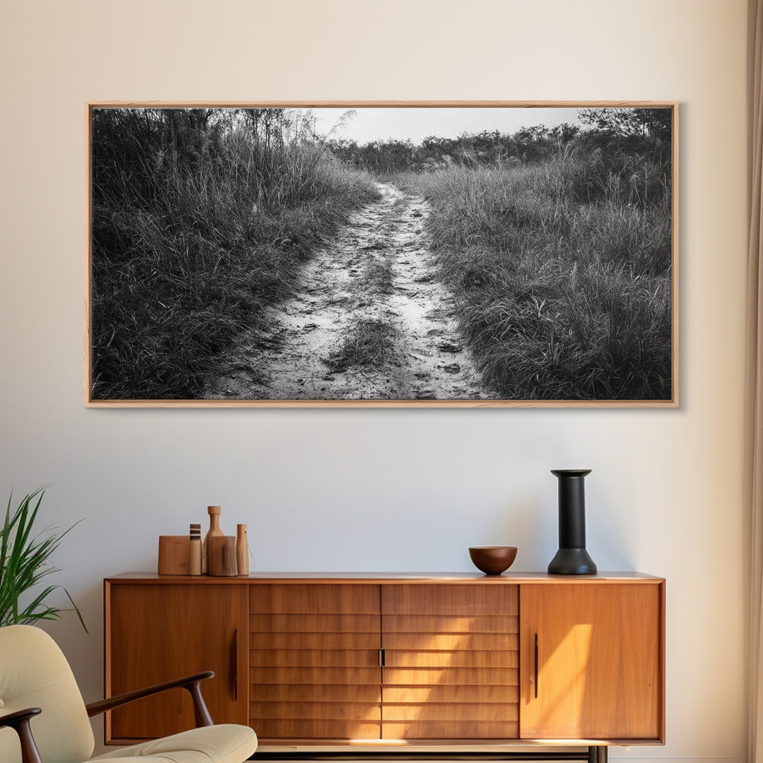 Dirt Path Trail, Minimal Nature Photography, Countryside Landscape, Rustic Fall Vibe Wall Art, Neutral Home Decor, Framed Canvas Print