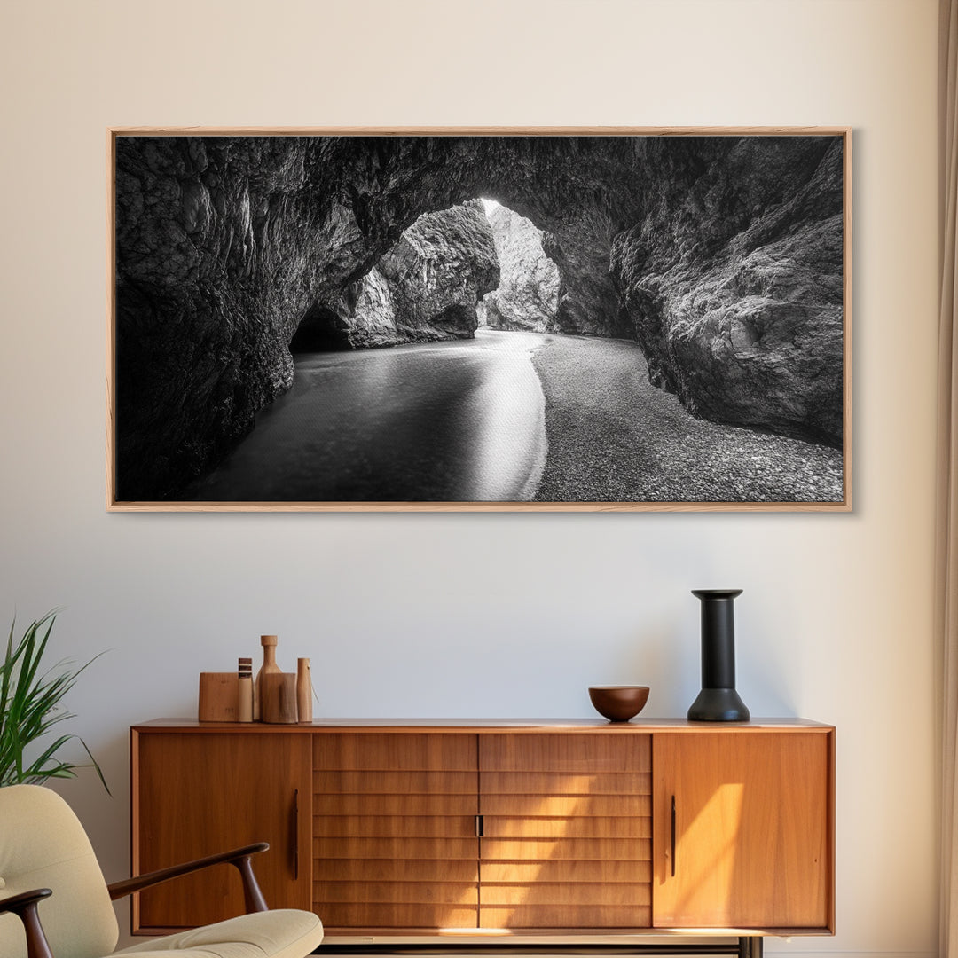 Ocean Cave Flow, Coastal Rock Wall Art, Moody Nature Seascape, Black White Beach Decor, Boho Bathroom Accent, Canvas Print, Monochrome Art