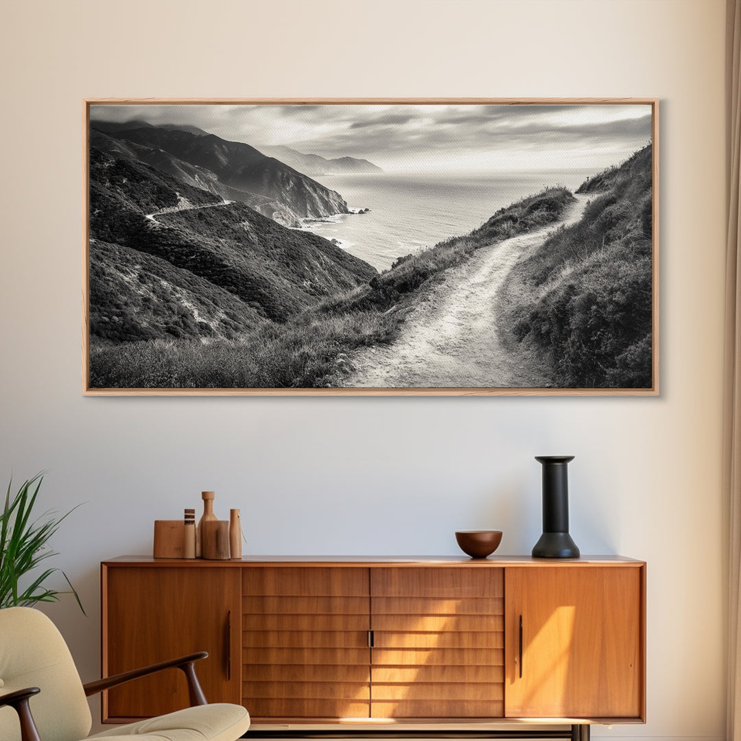 Cliffside Trail Path, Coastal Hiking Print, Rugged Ocean View, Nature Adventure Wall Art, Rustic Modern Decor, Framed Canvas Print