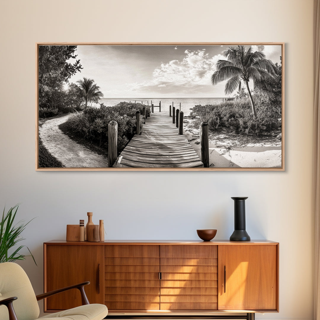 Beach Path, Coastal Dock, Tropical Palms, Canvas Print, Vacation Vibes, Boho Seaside Decor, Bathroom Wall Art, Nautical Island Landscape