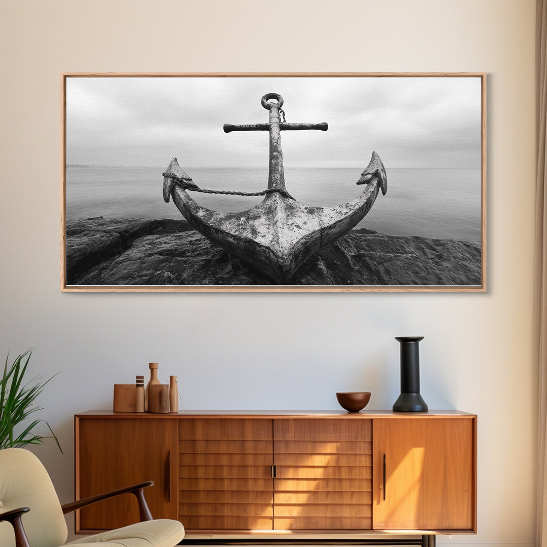 Nautical Anchor Art, Coastal Photography, Rustic Beach Decor, Framed Canvas Print, Bathroom or Lake House Wall Art, Minimal Style