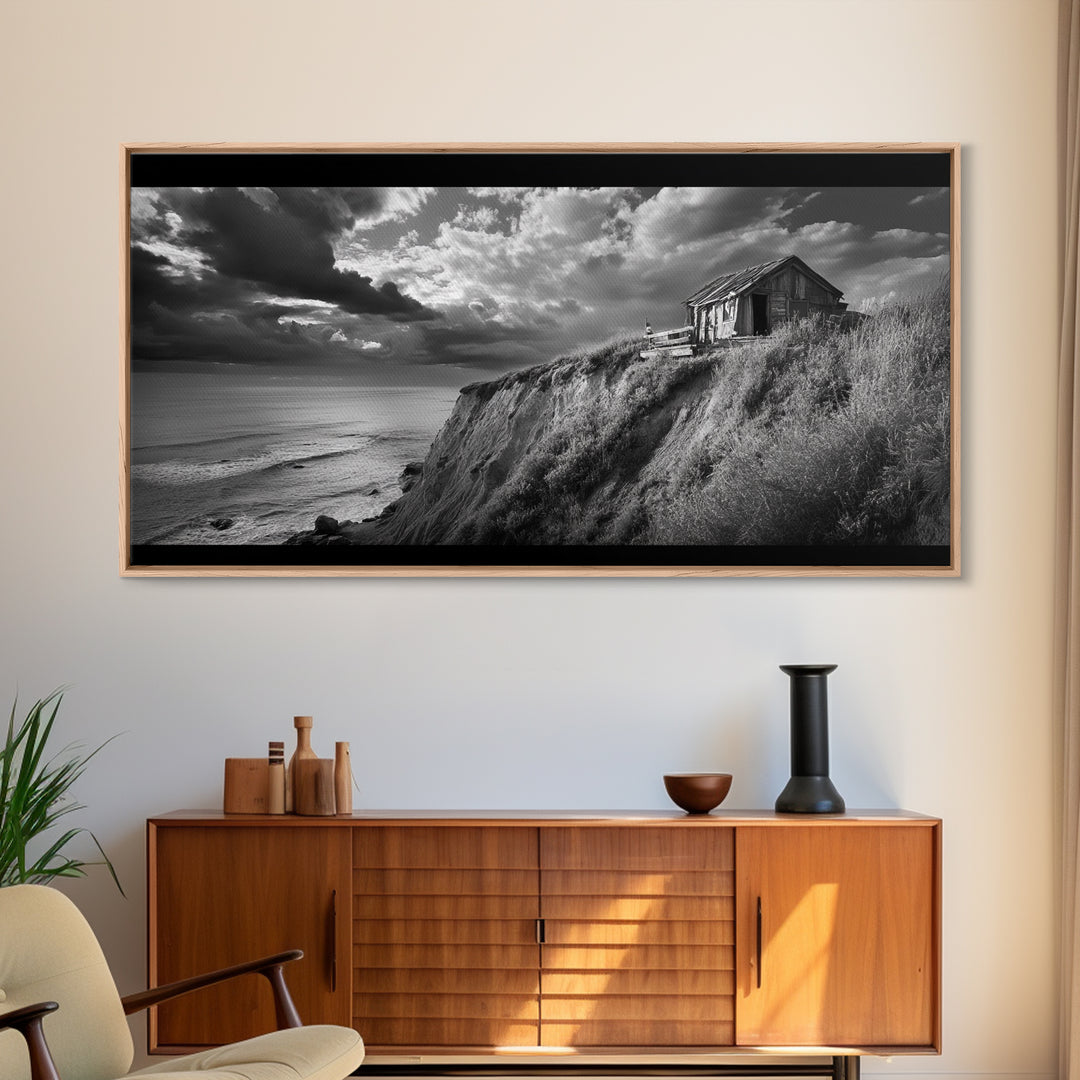 Cliff Cabin, Stormy Coast, Ocean Bluff, Dramatic Skies, Canvas Print, Moody Nature Art, Living Room Accent, Fall Season Decor