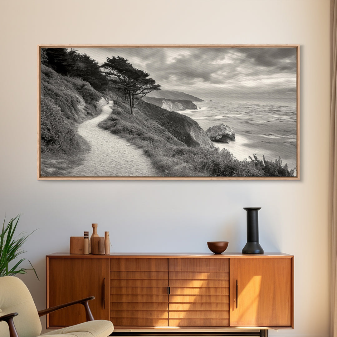 Coastal Path, Nature Trail, Ocean Cliff, Cypress Tree, Framed Canvas Print, Minimalist Wall Art, Living Room Decor, Scenic Landscape