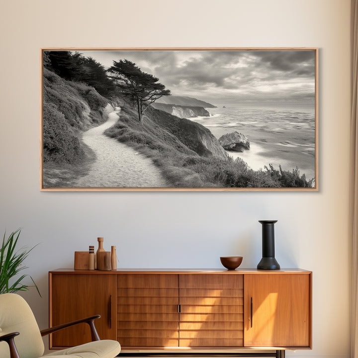 Coastal Path, Nature Trail, Ocean Cliff, Cypress Tree, Framed Canvas Print, Minimalist Wall Art, Living Room Decor, Scenic Landscape