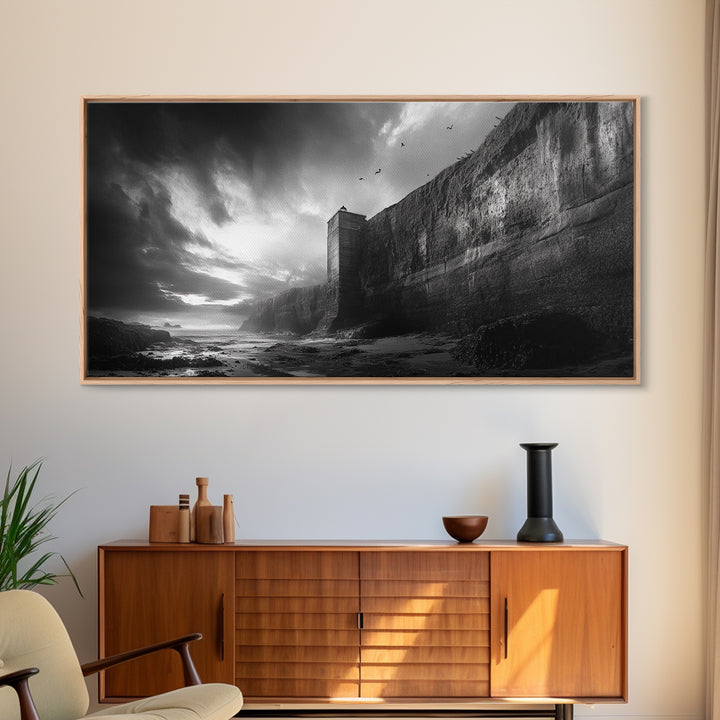 Cliff Lighthouse, Dramatic Sky, Seaside Tower, Ocean Mood, Canvas Print, Gothic Wall Art, Study Decor, Moody Coastal Artwork