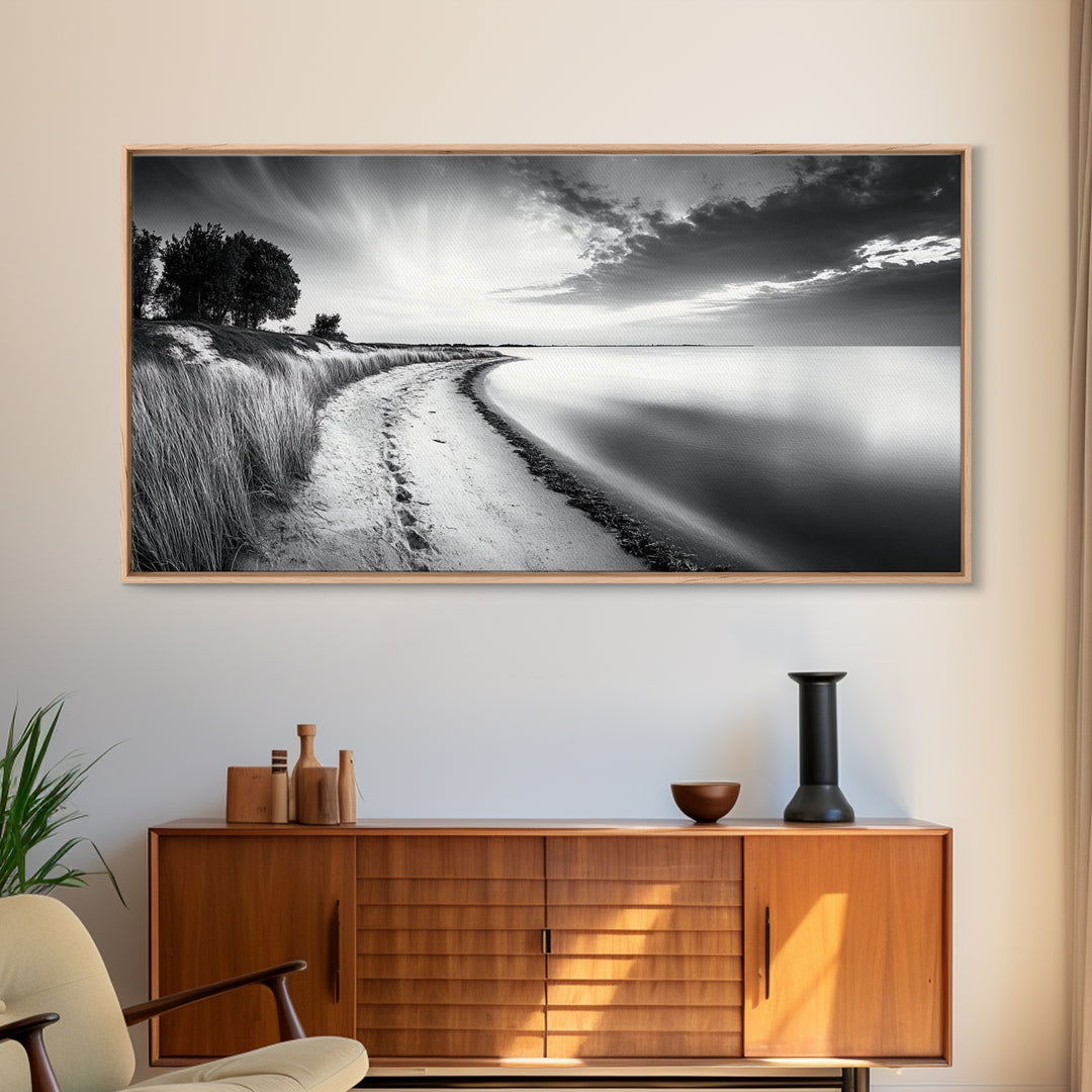 Calm Beach, Grassy Dunes, Serene Shoreline, Peaceful Water, Framed Canvas Print, Minimalist Art, Bedroom Wall Decor, Coastal Calm