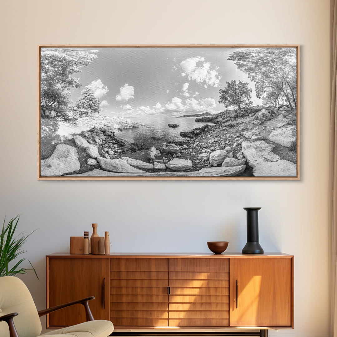 Rocky Cove, Tranquil Bay, Forest Edge, Panoramic Beach, Framed Canvas Print, Nature Art, Bathroom Wall Decor, Earthy Coastal View