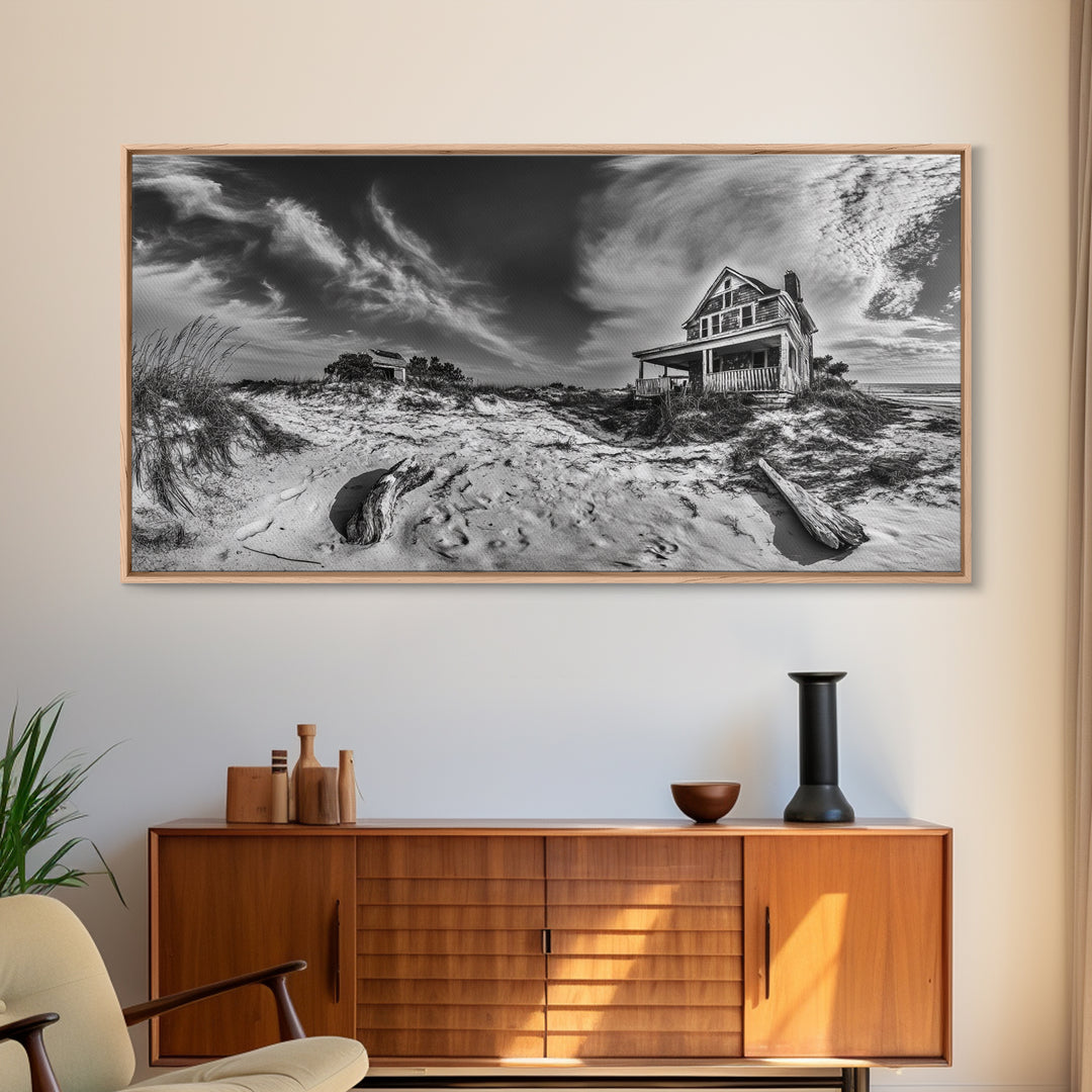 Abandoned House, Beach Shack, Coastal Ruins, Windy Sky, Canvas Print, Rustic Wall Art, Fall Home Decor, Dramatic Seaside Scene