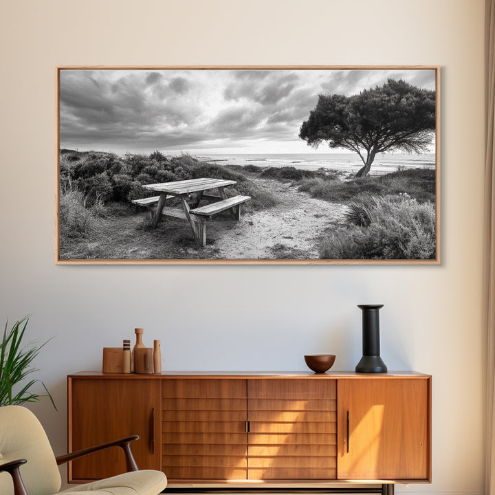Picnic Table, Ocean Tree, Coastal Path, Windswept Scene, Framed Canvas Print, Rustic Wall Art, Fall Decor, Peaceful Beach Setting