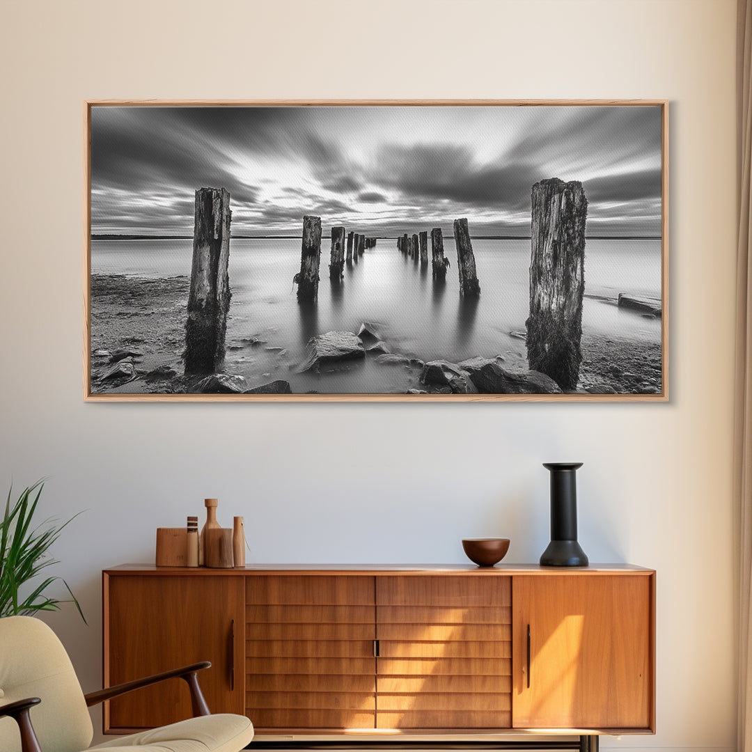 Ocean Pilings, Calm Waters, Cloud Streaks, Sunset Mood, Canvas Print, Minimalist Seascape, Bedroom Wall Art, Serene Beach Decor