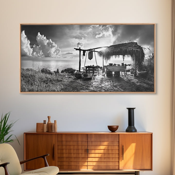 Beach Shack, Driftwood Table, Seaside Shelter, Sun Rays, Canvas Print, Rustic Coastal Art, Boho Decor, Dining Room Wall Art, Cabin Wall Art