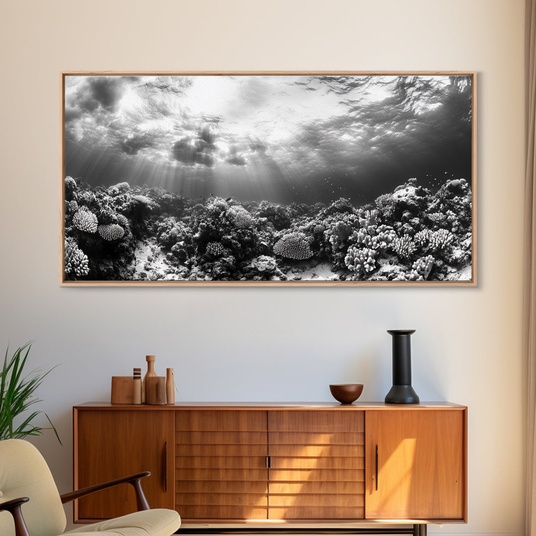 Coral Reef, Ocean Depths, Sunlight Rays, Marine Life, Canvas Print, Minimalist Nature Art, Bathroom Decor, Underwater Scene, Bedroom Wall Art