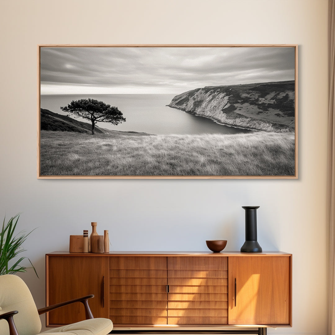 Coastal Cliff View, Solitary Tree Scene, Modern Minimalist Style, Framed Canvas Print, Calm Neutral Wall Art, Living Room Decor