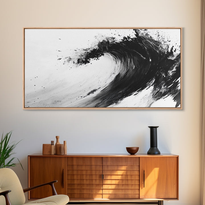 Abstract Wave, Black White, Modern Ink, Ocean Motion, Canvas Print, Minimalist Art, Office Wall Decor, Contemporary Coastal Style