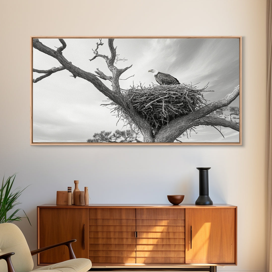 Bald Eagle Nest, Wildlife Nature Art, Rustic Cabin Decor, Framed Canvas Print, Patriotic Office Wall Art, Woodland Photography