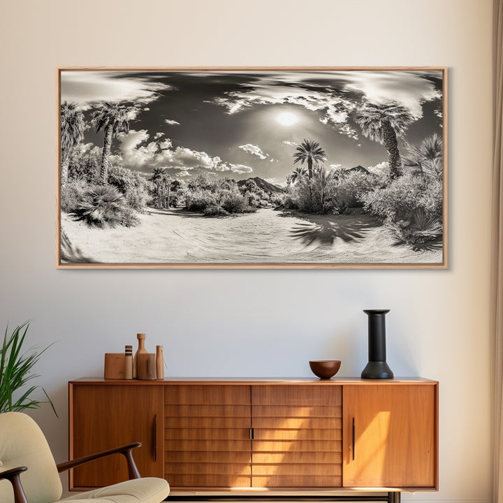 Desert Oasis, Palm Landscape, Nature Panorama, Framed Canvas Print, Tropical Wall Art, Living Room Decor, Boho Aesthetic, Sunlit Scene