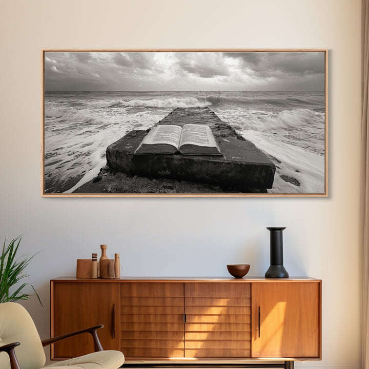 Ocean and Book, Moody Literary Print, Surreal Seascape Art, Framed Canvas Print, Library or Reading Nook Wall Decor, Dark Academia