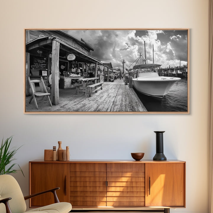 Dockside Market, Nautical Vibes, Fishing Village, Framed Canvas Print, Coastal Kitchen Art, Rustic Decor, Oceanfront Life Scene