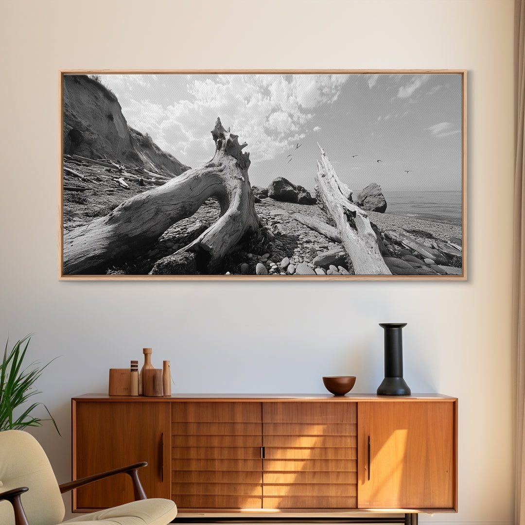 Coastal Driftwood, Beach Landscape, Pebble Shore Scene, Natural Decor Accent, Canvas Print, Relaxed Vibe, Entryway or Den Wall Art