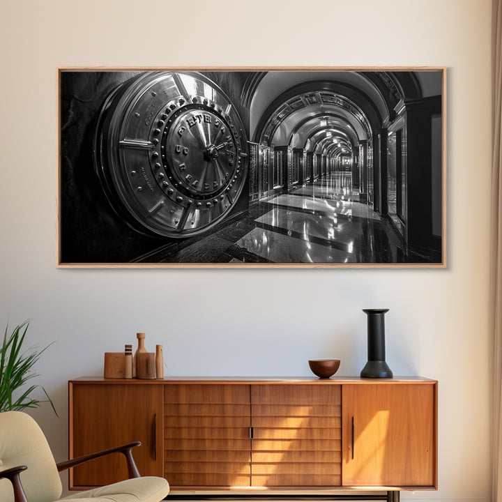 Bank Vault Door, Industrial Urban Decor, Luxury Office Art, Framed Canvas Print, Black and Silver Wall Art, Masculine Home Style