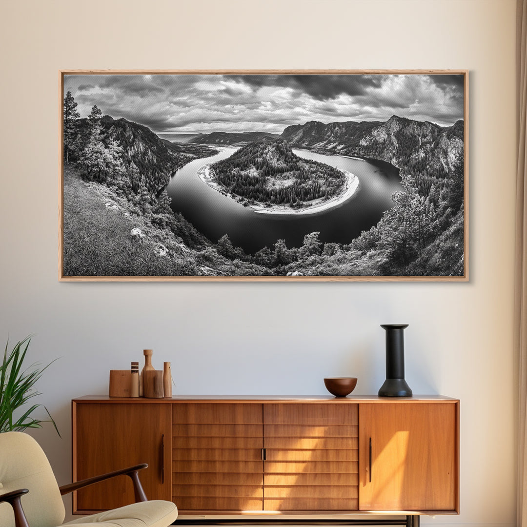 River Bend Landscape, Mountain View Aerial, Nature Panorama Scene, Framed Canvas Print, Cabin Wall Art, Adventure Boho Art, Living Room Wall Art