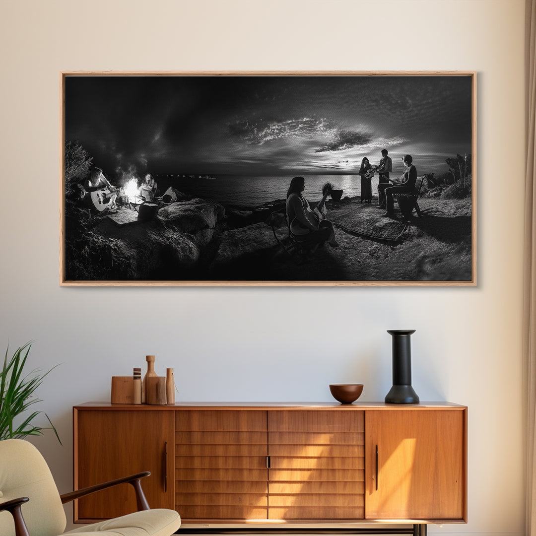 Campfire Gathering, Boho Night Vibes, Music Outdoors Scene, Framed Canvas Print, Living Room Wall Art, Folk Rustic Aesthetic