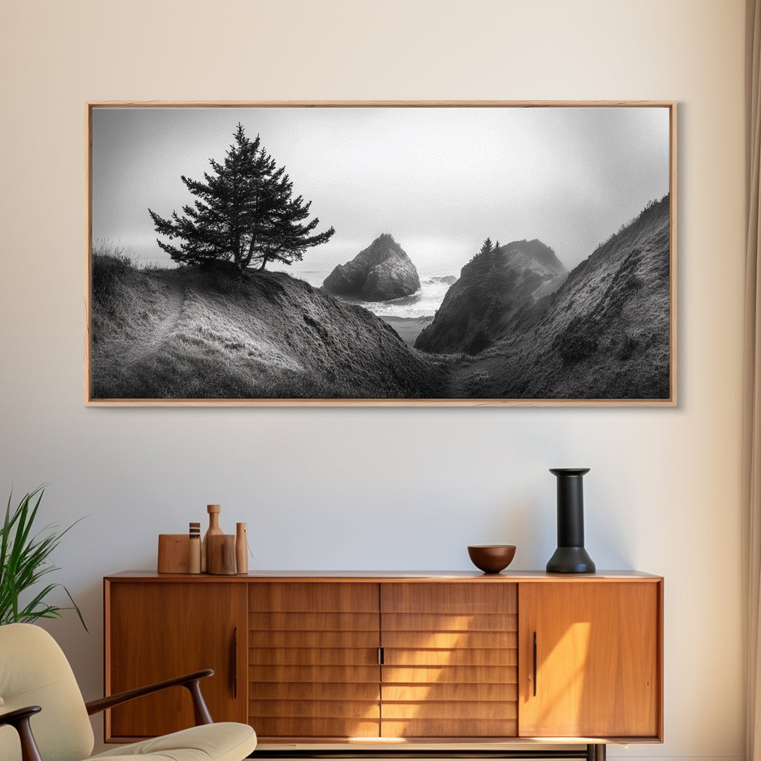 Coastal Cliff Scene, Evergreen Ocean Landscape, Pacific Northwest View, Framed Canvas Print, Nature Inspired Wall Art, Minimalist Decor