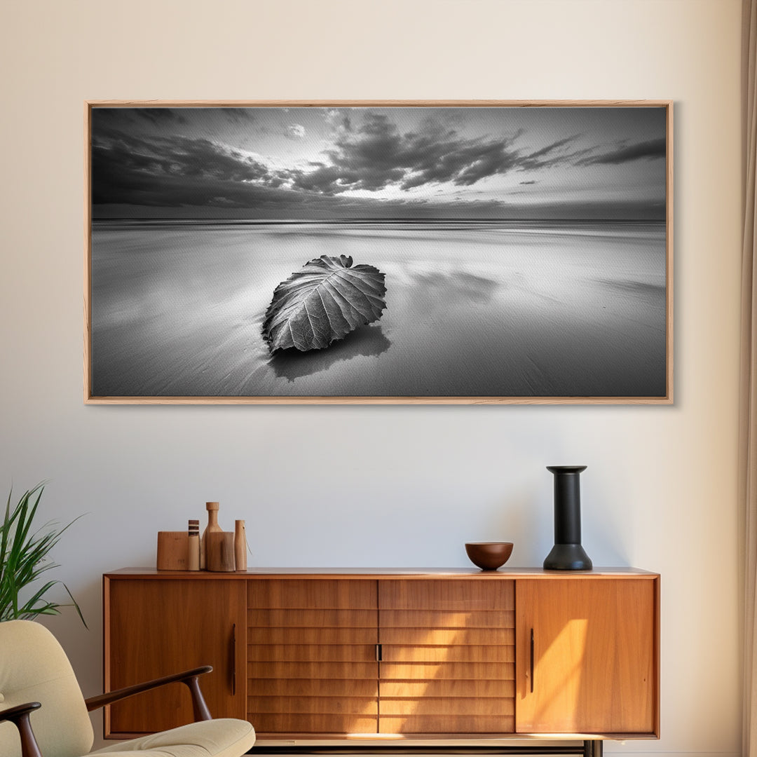 Beach Leaf Still, Autumn Nature Scene, Calm Ocean Shoreline, Canvas Print, Fall Bathroom Wall Art, Neutral Earth Tone Decor