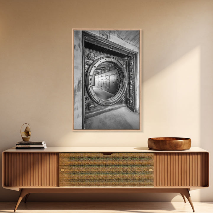 Bank Vault Door, Industrial Design, Urban Texture, Canvas Print, Masculine Office Decor, Steampunk Wall Art, Black White Print