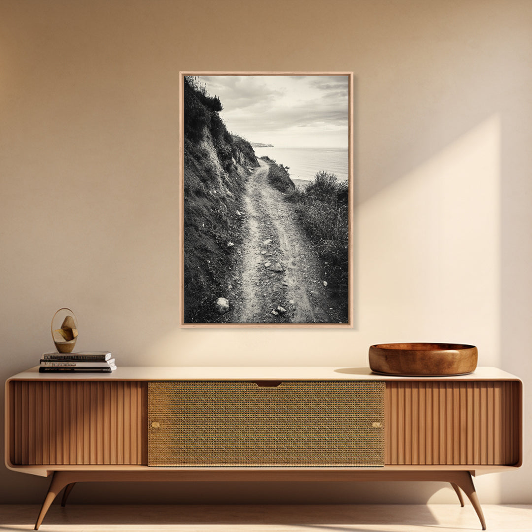 Coastal Cliff Path, Tranquil Trail, Black and White Landscape, Nature Lover Gift, Framed Canvas Print, Entryway Wall Art, Rustic Boho Art