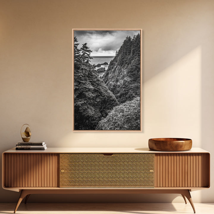 Rugged Ocean View, Coastal Forest, Black and White Mountains, Pacific Northwest Vibes, Framed Canvas Print, Den Wall Art, Moody Cabin Decor