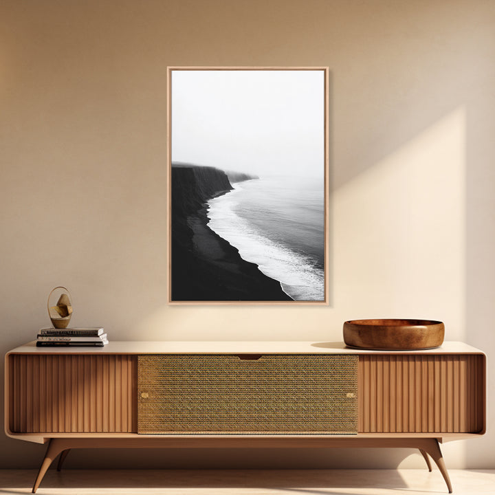 Cliff Coast, Mist Horizon, Monochrome Sea, Rugged Beauty, Canvas Print, Living Room Wall Art, Coastal Modern Style, Minimalist Ocean Scene