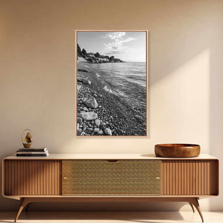 Pebble Beach, Tranquil Coastline, Coastal Stones, Sunrise Shore, Canvas Print, Bathroom Wall Art, Ocean Photography, Beach House Decor