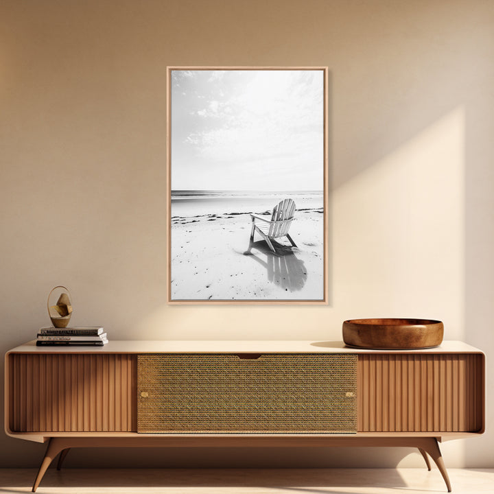 Beach Chair, Coastal Calm, Empty Shoreline, Canvas Print, Minimalist Wall Art, Beach House Decor, Serene Ocean Photography