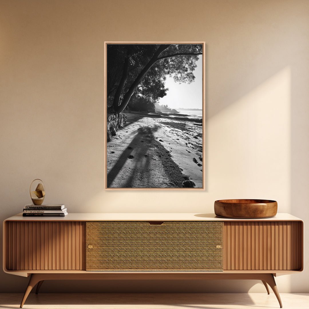 Coastal Shadows Path, Black and White Landscape, Framed Canvas Print, Entryway Art, Calm Nature Scene, Moody Coastal Wall Decor