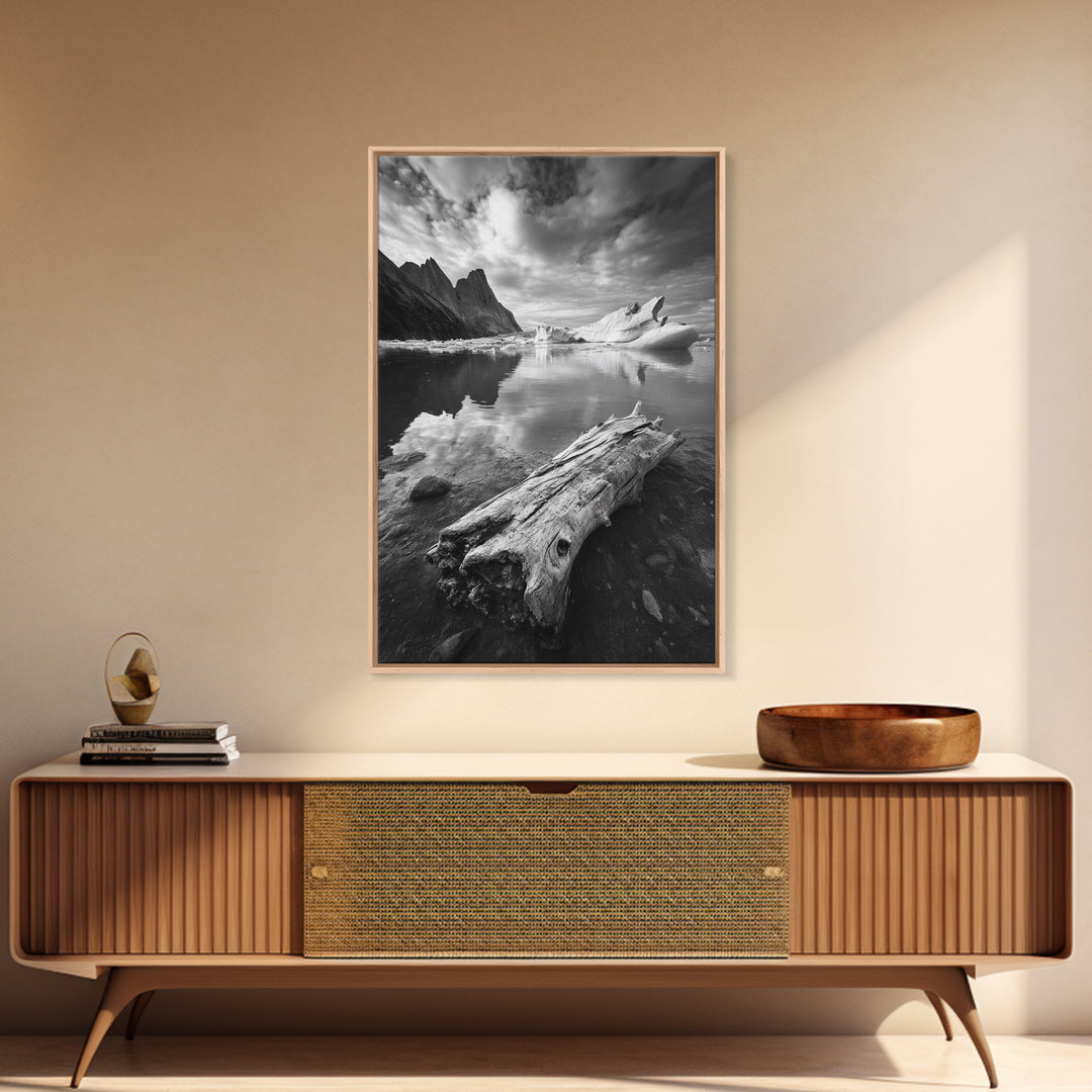 Arctic Driftwood View, Iceberg Horizon, Moody Mountains, Framed Canvas Print, Office Wall Art, Monochrome Nature, Nordic Aesthetic