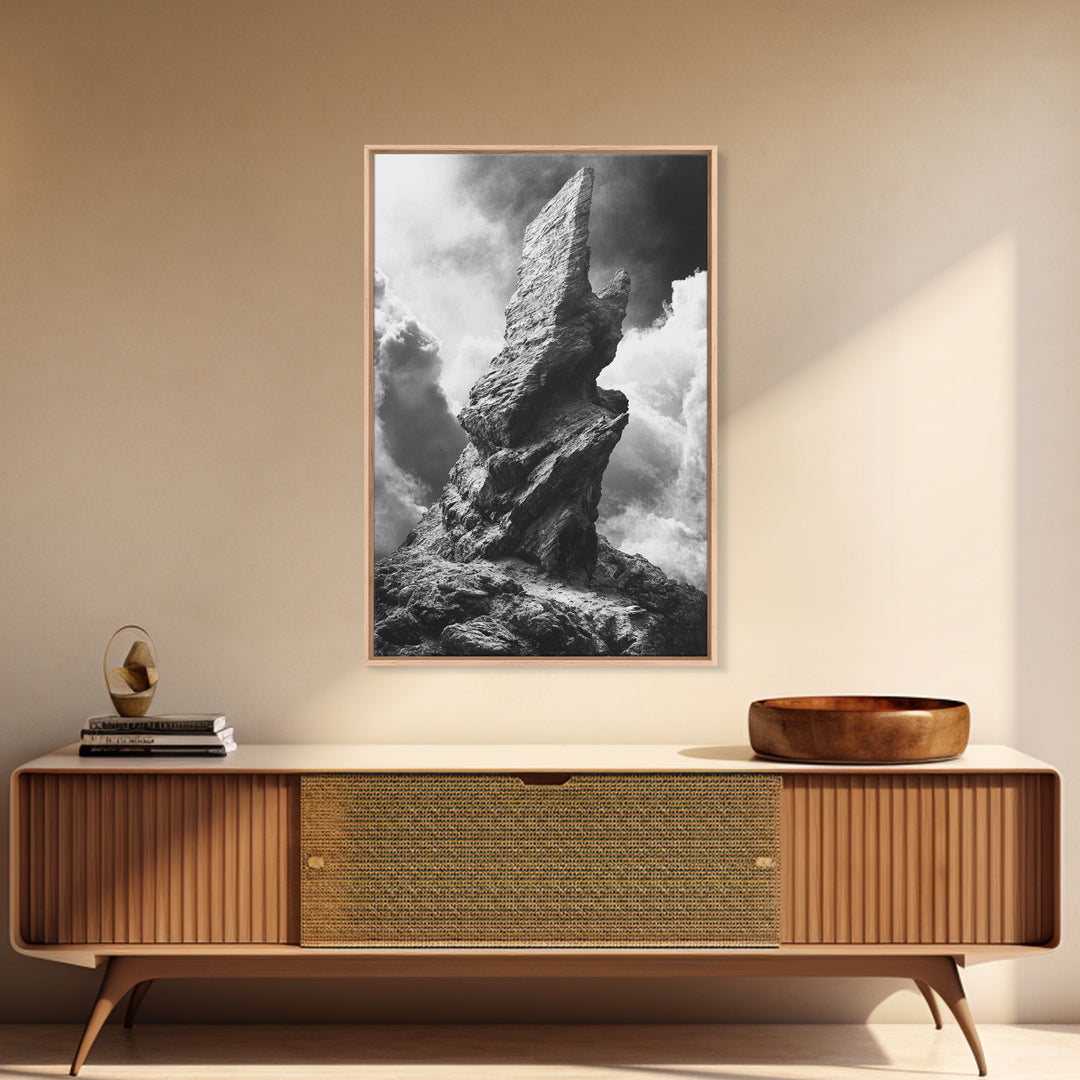 Abstract Rock Tower, Nature Photography, Stormy Sky, Canvas Print, Rustic Decor, Earthy Wall Art, Living Room Art, Moody Landscape Print
