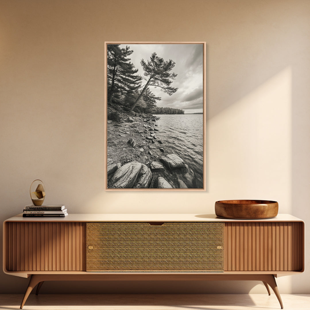 Pine Shoreline Landscape, Calm Water Trees, Autumn Mood, Canvas Print, Rustic Cabin Wall Art, Bedroom Nature Decor, Earthy Photography