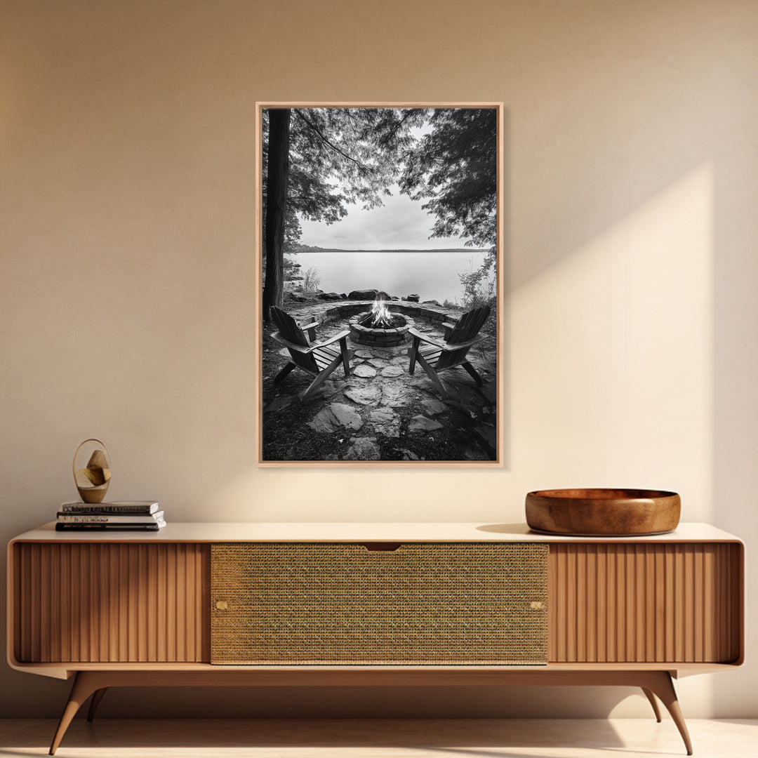 Campfire Lake Night, Adirondack Chairs, Wilderness Glow, Framed Canvas Print, Outdoor Living Wall Art, Cabin Decor, Autumn Retreat Art