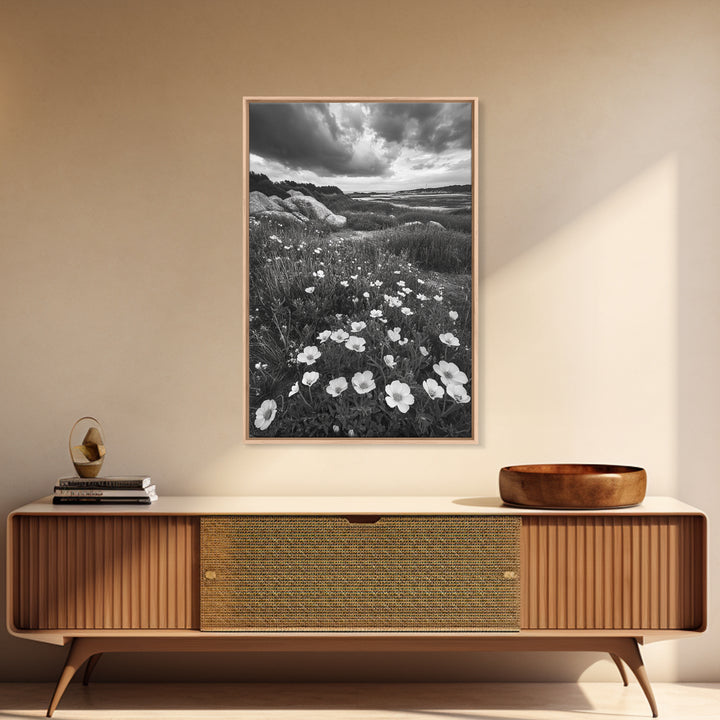 Meadow Bloom, Coastal Flowers, Stormy Sky, Framed Canvas Print, Spring Wall Art, Nature Photography, Kitchen Botanical Decor