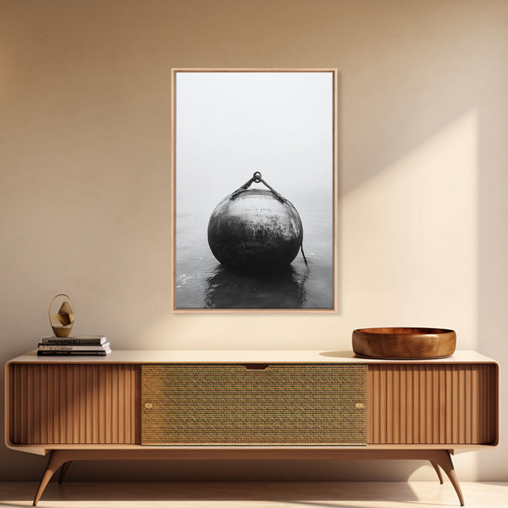 Buoy Stillness, Ocean Fog, Minimal Water, Framed Canvas Print, Nautical Wall Art, Bathroom Decor, Calm Coastal Black and White Art