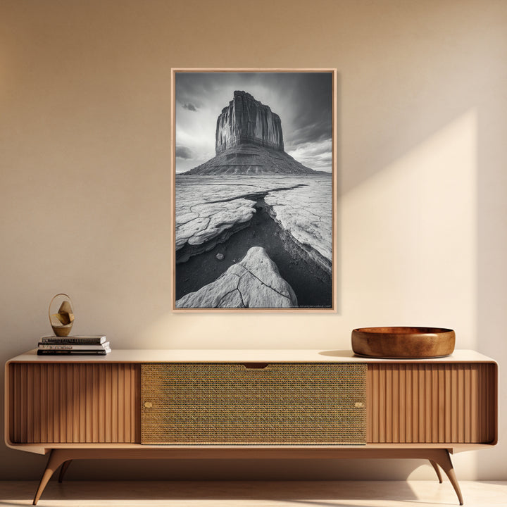 Monument Valley Cliff, Desert Rockscape, Framed Canvas Print, Western Wall Art, Office Decor, Black and White Photography